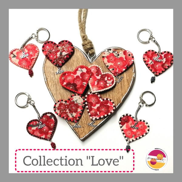 Broches et bijoux de sac à main en tissus en forme de cœur et barrette à cheveux collection "LOVE "