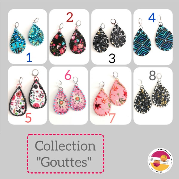 Boucles d'oreilles en tissus, collection "GOUTTES" Ultra-légères avec fermoirs sécurisés en acier inoxydable. Modèles uniques, fait main.