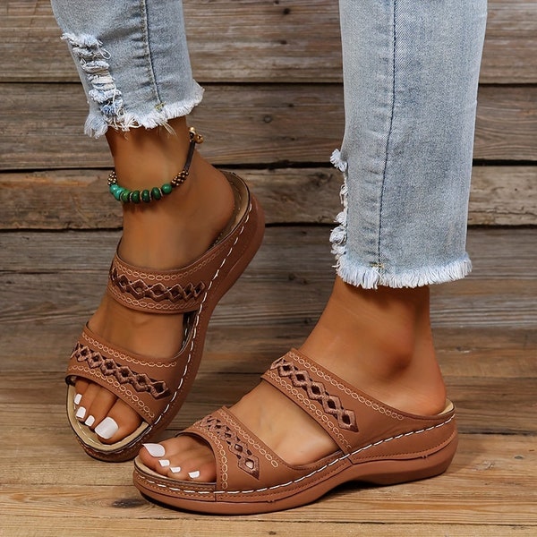 Stylish Women's Hollow Out Wedge Sandals - Slip-On Faux Leather Open Toe Shoes for Summer Comfort