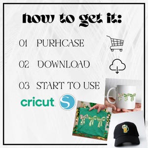 May include: A digital instruction graphic titled how to get it with steps 01 PURHCASE, 02 DOWNLOAD, and 03 START TO USE. Icons include a shopping cart and download symbol. Images show a white mug, a green t-shirt, and a black baseball cap with designs.