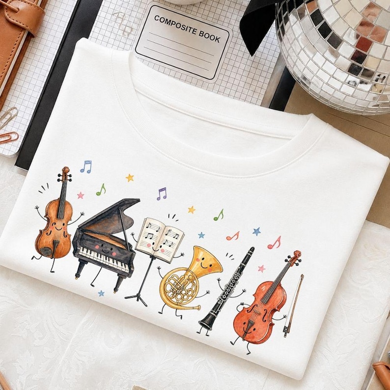 May include: A white t-shirt featuring a colorful graphic print of anthropomorphic musical instruments including a cello, a grand piano, a music stand with sheet music, a French horn, a clarinet, and a violin, all accented by small stars and notes.