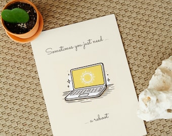 Break up card "Sometimes you just need a reboot" yellow  | cheer up card, digital card with girl, cartoon digital card