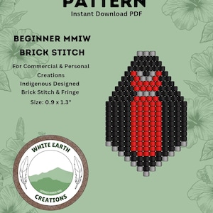 May include: A digital pattern for a brick stitch design, featuring a beaded pendant in black, red, and silver. The pattern is labeled "BEGINNER MMIW" and measures 0.9 x 1.3 inches. The design is "Indigenous Designed" and includes fringe.