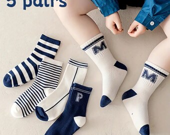 5 PAIRS Kids Socks, Thick socks for Boys, Cartoon Striped  Pattern Knitted socks, Comfy Breathable Soft Crew socks for Outdoor Wearing