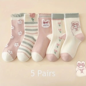5 pares de meias infantis, meias de menina, meias de malha com padrão de animais de coelho de desenho animado, meias confortáveis e respiráveis macias para usar ao ar livre