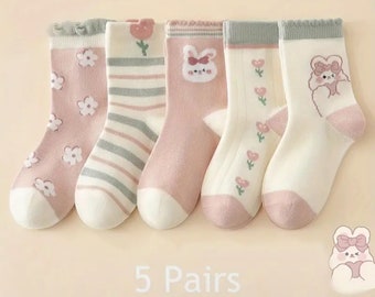 5 PAIRS Kids Socks, Girl socks, Cartoon Rabbit Animals Pattern Knitted socks, Comfy Breathable Soft Crew socks for Outdoor Wearing