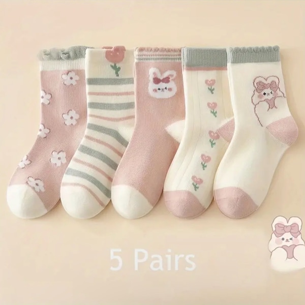 5 PAIRS Kids Socks, Girl socks, Cartoon Rabbit Animals Pattern Knitted socks, Comfy Breathable Soft Crew socks for Outdoor Wearing