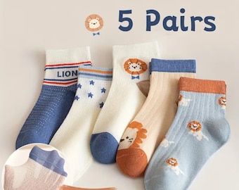 5 PAIRS Kids Socks, Boy socks, Cartoon Animals  Pattern Knitted socks, Comfy Breathable Soft Mid Calf socks for Outdoor Wearing