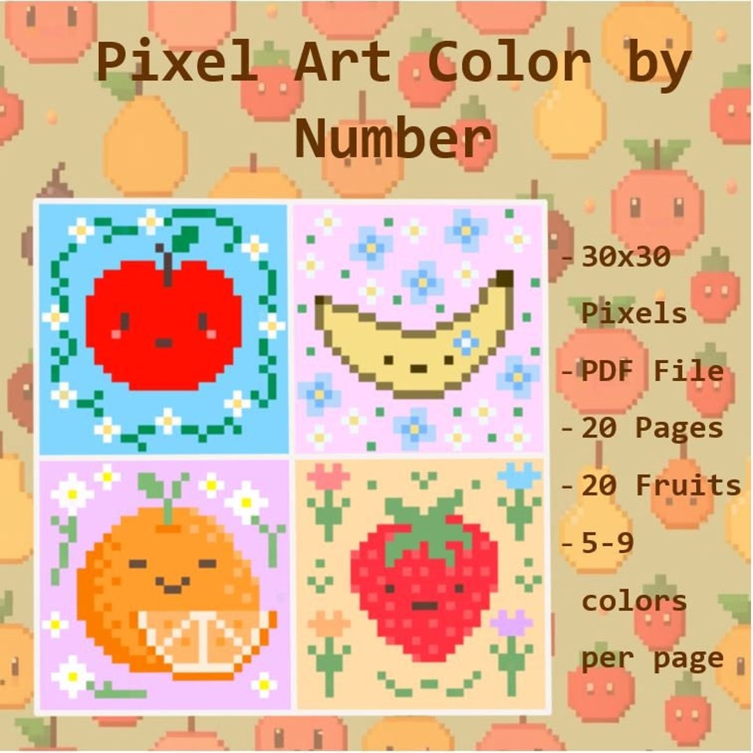 Fruit Themed Pixel Art Color by Number | 20 Pages | Printable PDF