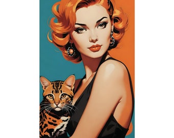 Beautiful Matte Pin-up Girl with Bengal Cat Poster, Retro, Vintage Print