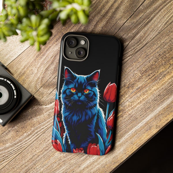 Gothic Cat & Tulips Phone Case - Art fit for iPhone 15 Pro Max, 14, 13, 12, 11 Plus, Samsung S23 Ultra, S22, S21 S20