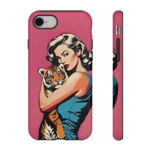 Tough Case- Pin-up Girl and Tiger Retro Phone Case - Art fit for iPhone 15 Pro Max, 14, 13, 12, 11 Plus, Samsung S23 Ultra, S22, S21 S20