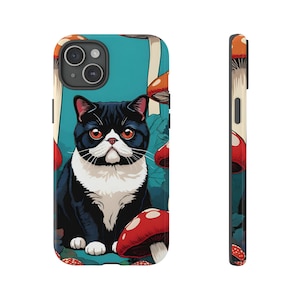 Tough Case - Cute Cat & Mushrooms Phone Case - iPhone 15 Pro Max, 14, 13, 12, 11 Plus, Samsung S23 Ultra, S22, Exotic Shorthair kitten