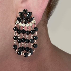 Vintage, Black Emerald Cut, and rhinestone, dangle, clip on earrings