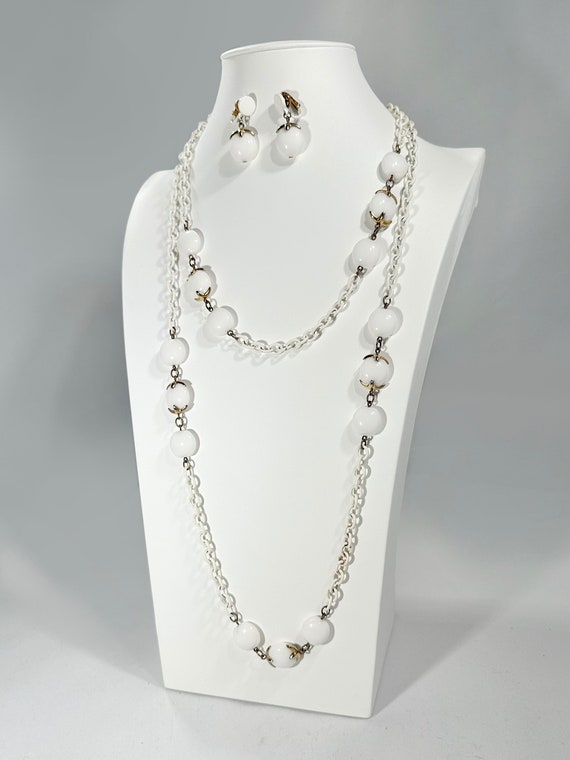 Vintage, Crown Trifari, White Necklace and Clip Ea