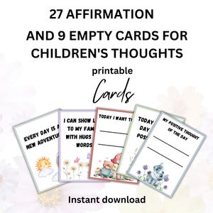 Schede di affermazione stampabili per bambini – 27 affermazioni positive + 9 schede vuote – PDF di consapevolezza quotidiana per bambini