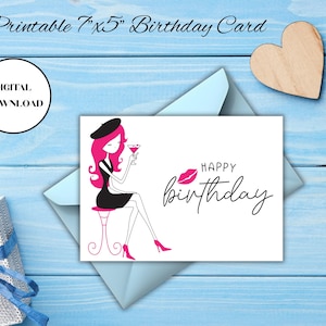 Geburtstagskarte für Sie zum Ausdrucken – Klappkarte mit Fashion Girl – schickes Glam-Design – Sofort-Download – Print at Home