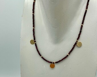 Faceted Ruby Garnet and 14k Gold-filled Necklace with Hammered Gold-filled Discs