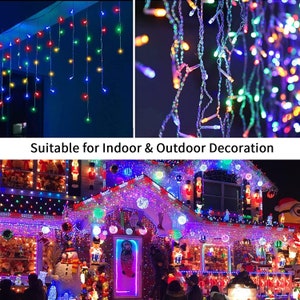 May include: Multicolored LED Christmas lights strung across a house, with a close-up of the lights hanging from a wire. The text "Suitable for Indoor & Outdoor Decoration" is visible in the image.
