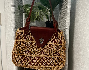 Vintage Brown Leather and Macrame Bag