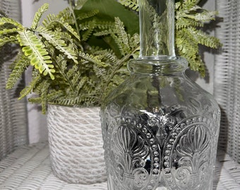 Vintage Fleur de Lis Pressed Glass Decanter - No Lid/Topper | Pressed Glass Bottle | Unique Bottle Decor