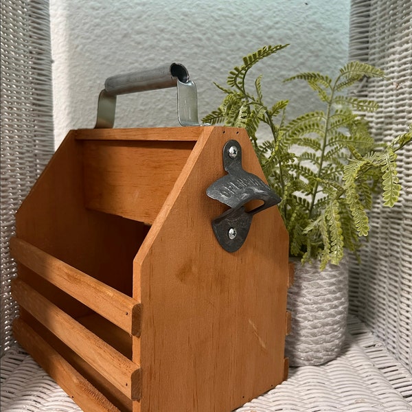 Vintage Wooden Beer Caddy with Galvanized Metal Details | Beer Crate | Six Pack Bottle Carrier w/ Opener | Beer Bottle Organizer