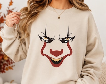 Creepy Clown Sweatshirt, Horror Halloween Crewneck, Spooky Clown Face Sweater
