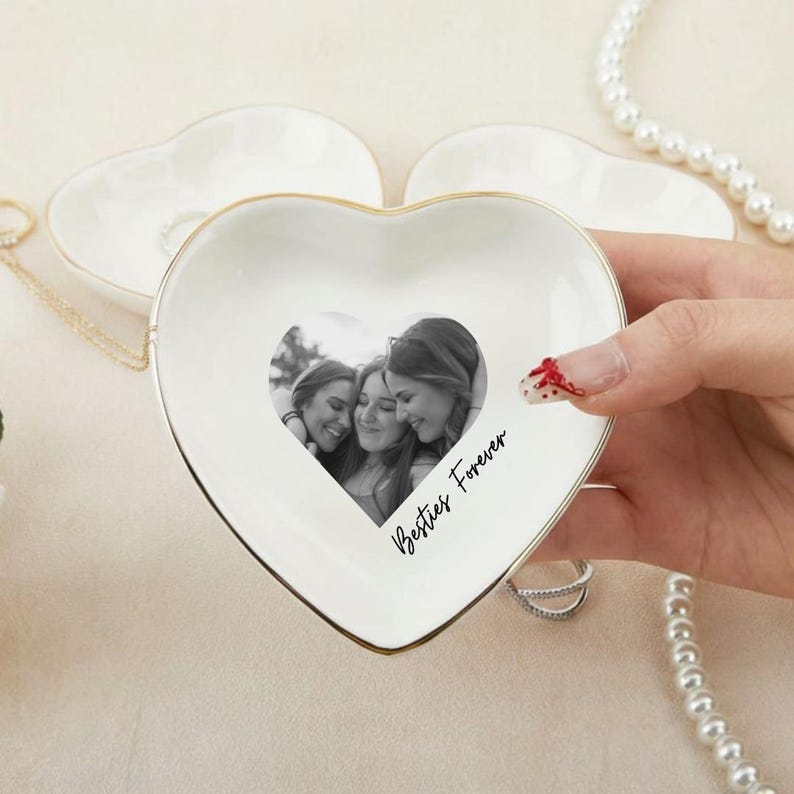 Custom picture jewelry dish with friendship photo printed on ceramic tray, stylish and functional organizer for rings and accessories, perfect gift for best friends and special memories.