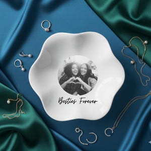 Best friend gift jewelry tray with custom photo and text design, ceramic dish with aesthetic look for holding small accessories, meaningful keepsake for friendship.