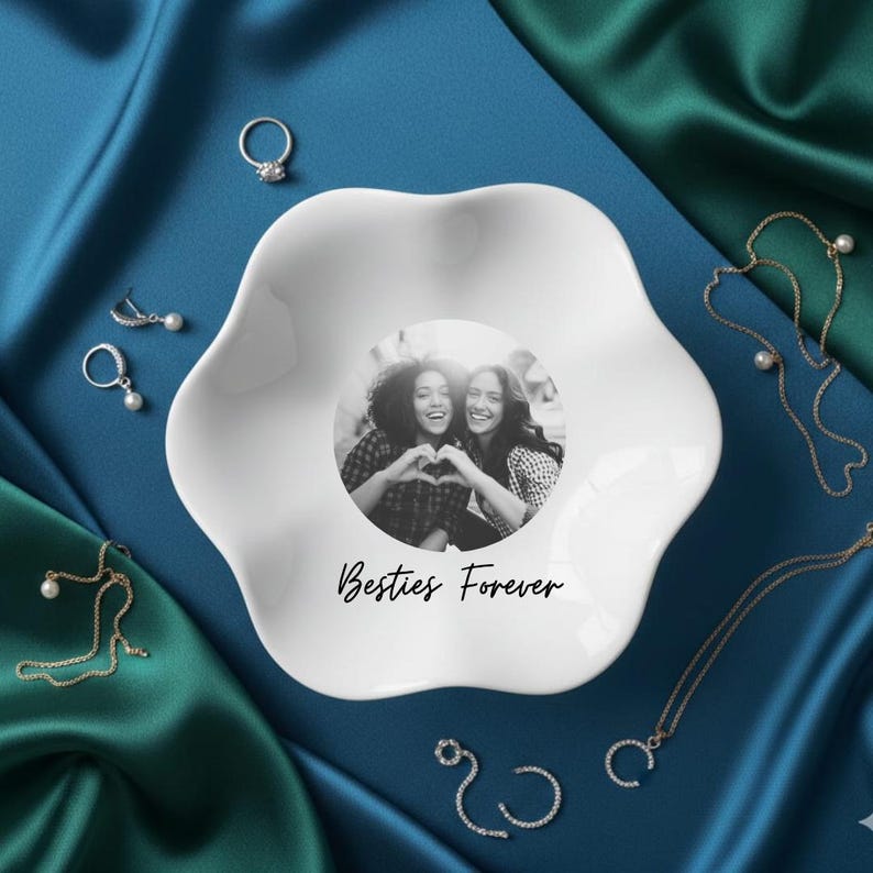 Best friend gift jewelry tray with custom photo and text design, ceramic dish with aesthetic look for holding small accessories, meaningful keepsake for friendship.