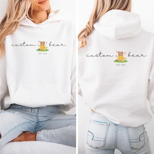 Personalized Bear Hoodie with Kid&#39;s Name Custom EST Hoodie for Mom Unique Mother’s Day Gift Custom Family Hoodie with Name Sleeve Print Gift
