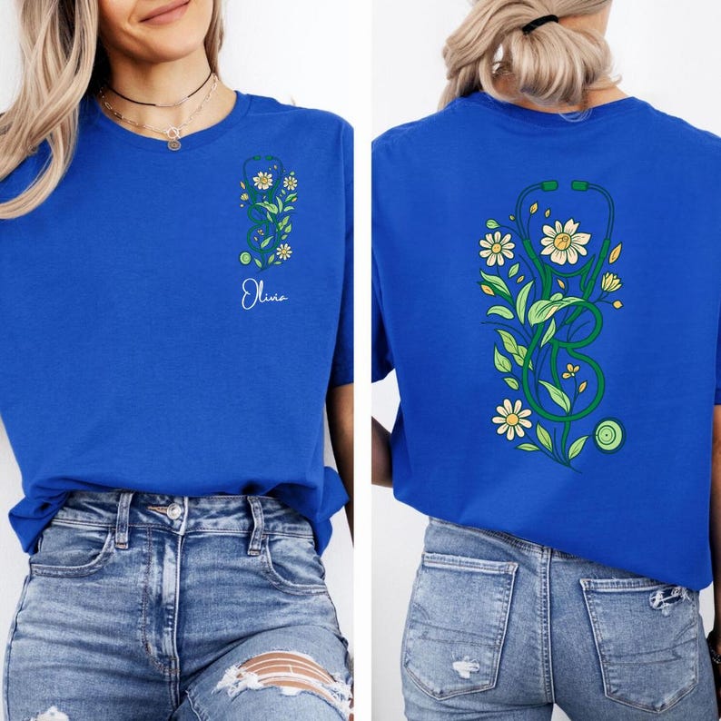 Professional Medical Gift Custom Nurse Shirt Personalized Design Cotton Material Floral Stethoscope Pattern Hospital Staff Uniform Perfect Graduate Present Beautiful Style Quality Construction Customizable Size Options Student Gift