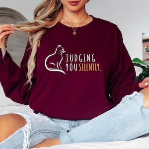 Black Cat Shirt Judging You Silently Shirt Cute Cat Sweatshirt Cat Peeking Shirt Womens Funny Shirt Gifts for Cats Lover Cat Mom Shirt