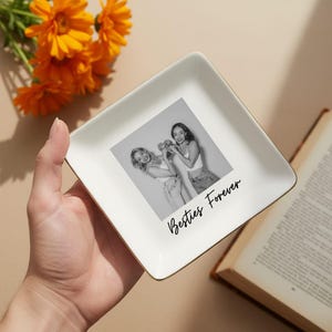 Personalized friendship jewelry tray featuring custom photo and besties forever text, elegant ceramic dish for jewelry storage, thoughtful and sentimental gift for best friends.