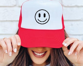 Custom Smiley Face Trucker Hat – Retro Red & White Mesh Cap Gift for Men Women