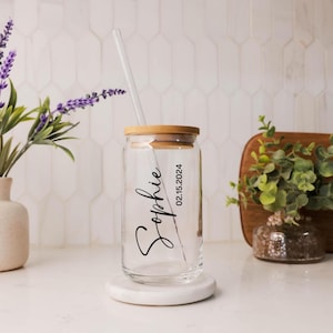 Personalized Bridesmaid Gift Tumbler Custom Name Glass Tumbler Iced Coffee Cup Maid Of Honor Gift Bachelorette Party 16oz Glass Cup Brides