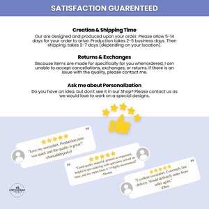 May include: A graphic with the text "SATISFACTION GUARANTEED" at the top. Below are sections on creation and shipping time, returns and exchanges, and personalization. There are also customer reviews with five-star ratings.