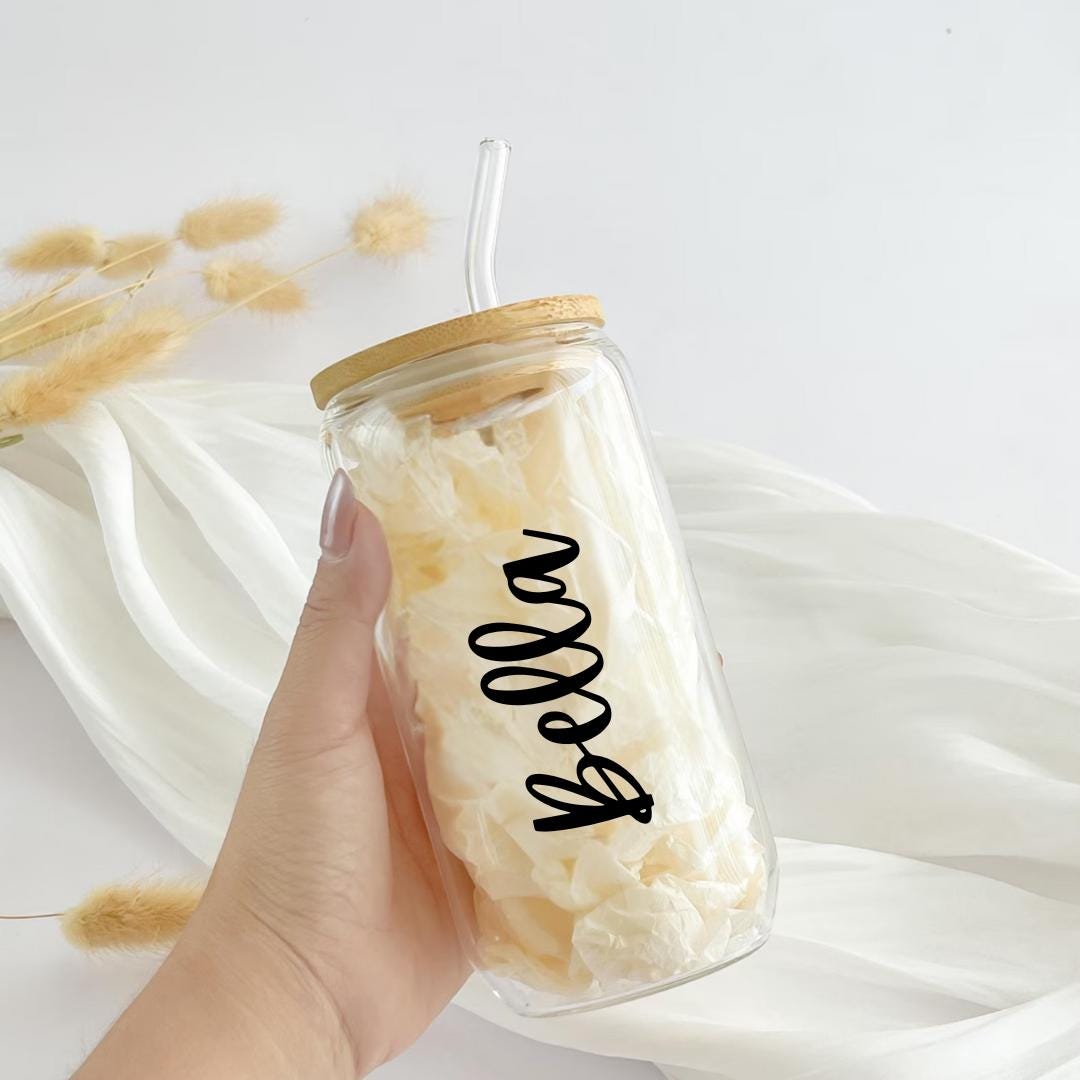Personalized Iced Coffee 16oz Glass Tumbler Custom Can Glass with Lid and Straw 16oz Glass Tumbler Bridesmaid Proposal Name Gift For Her