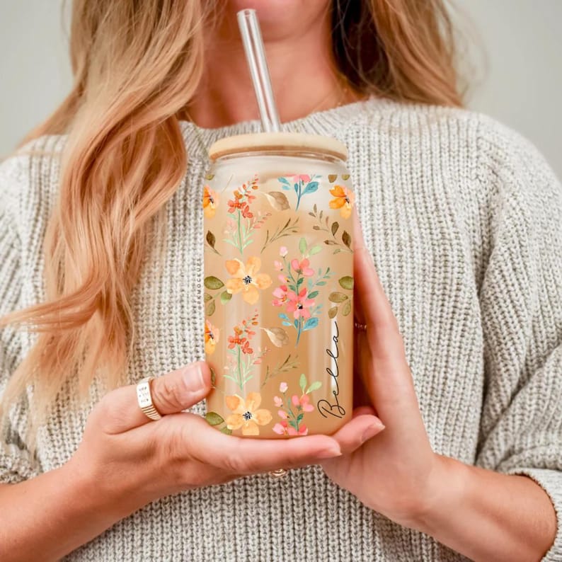 Personalized Floral Iced Coffee Glass Cup Bridesmaid Proposal Gift  Bachelorette Tumbler Customizable Wedding Drink-ware