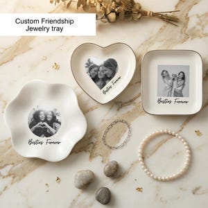 Custom photo jewelry tray with best friends picture and personalized text printed on ceramic dish, stylish keepsake for holding rings and accessories, meaningful friendship gift for birthdays or special occasions.