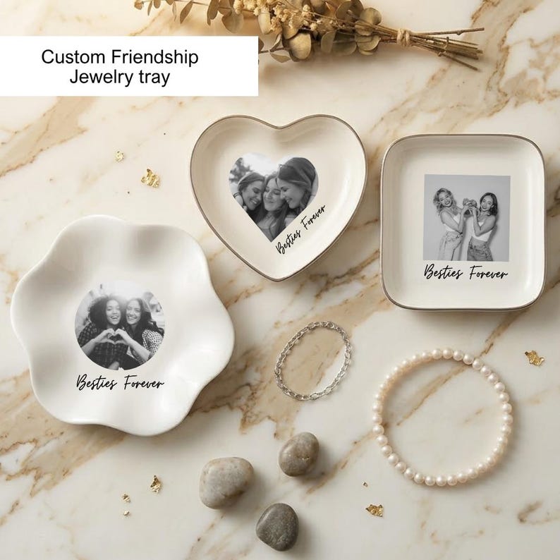 Custom photo jewelry tray with best friends picture and personalized text printed on ceramic dish, stylish keepsake for holding rings and accessories, meaningful friendship gift for birthdays or special occasions.