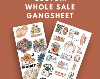 May include: Two white gangsheets with colorful designs. One sheet features floral and peach graphics with the words "Wildflower" and "Simply." The other sheet has Halloween-themed graphics, including ghosts, pumpkins, and the text "Trick or Treat."