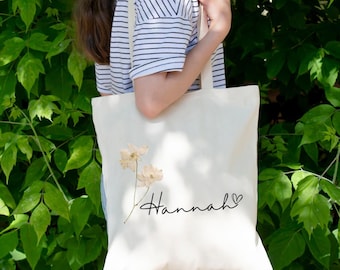 Personalized Birth Flower Tote Bag Custom Name Canvas Shopping for Women  Bridesmaids Teachers