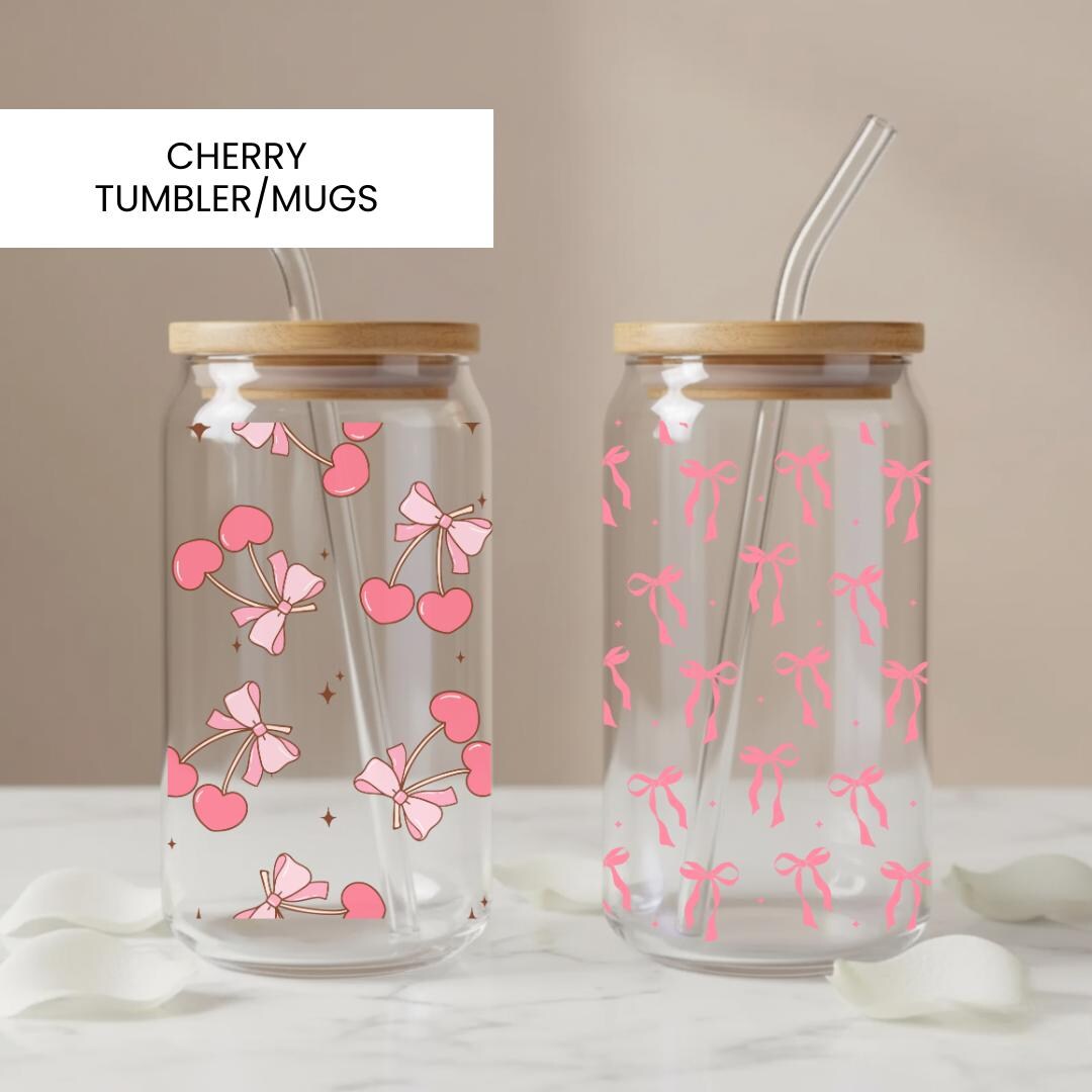Floral Iced Coffee Glass Can Cup – Cherry Tumbler With Bamboo Lid Gift ...