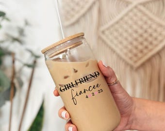 Personalized Girlfriend Fiancée Glass Tumbler Custom Iced Coffee Cup Engagement Bridal Shower Gift Unique Gift for Book Lovers & Couples