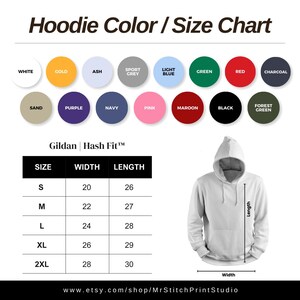 May include: A white hoodie with a size chart and colour options. The chart shows sizes S to 2XL with width and length measurements in inches. Colour options include white, gold, and green.