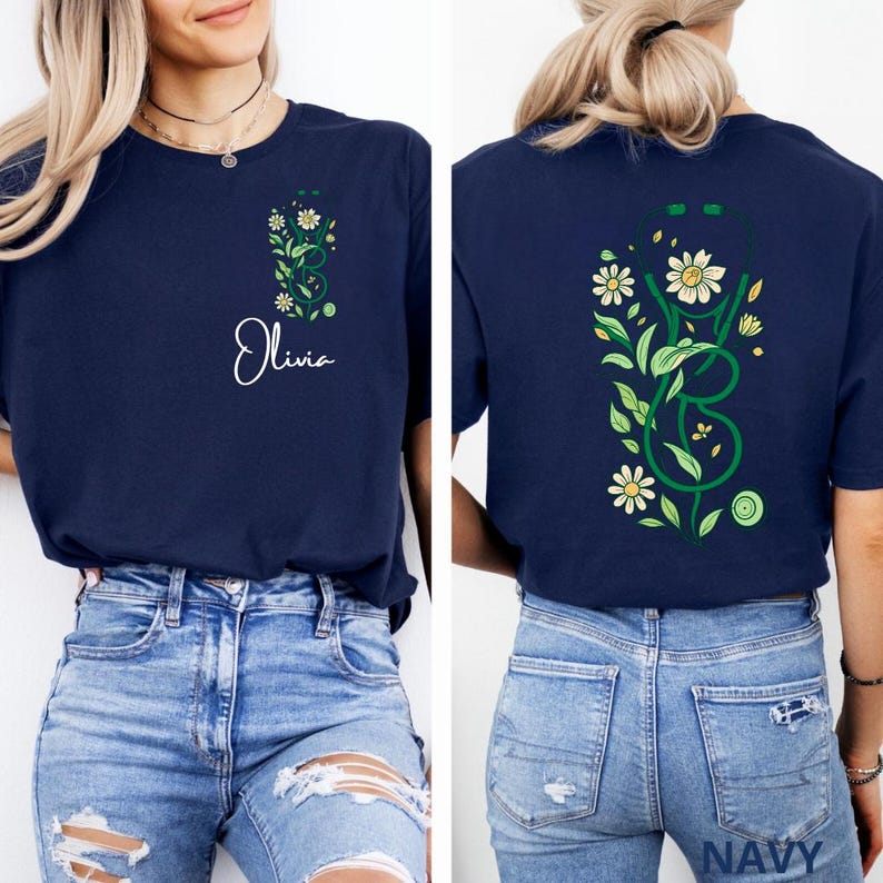 Medical Professional Shirt Personalized Nurse Design Custom Name Text Floral Stethoscope Pattern Cotton Material Hospital Staff Uniform Perfect Graduate Gift Beautiful Professional Style Quality Construction Customizable Size Options