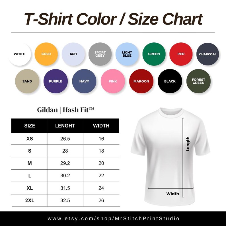 May include: A white t-shirt with a size chart and colour options. The chart includes colours like white, gold, and black. The size chart shows measurements in inches for length and width, ranging from XS to 2XL.
