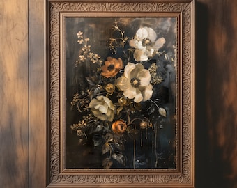 Tableau fleur de mauvaise humeur | Art floral vintage | Dark Academia | Art mural rustique | Impression numérique | Peinture à l'huile botanique | Imprimé fleurs dorées