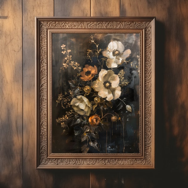 Moody Flower Painting | Vintage Floral Art | Dark Academia | Rustic Wall Art | Digital Print | Botanical Oil Painting | Gold Flowers Print